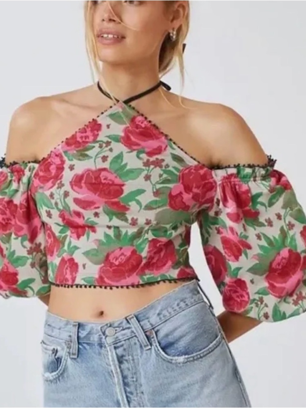Anthropologie Frida Off The Shoulder Halter Top Red Rose